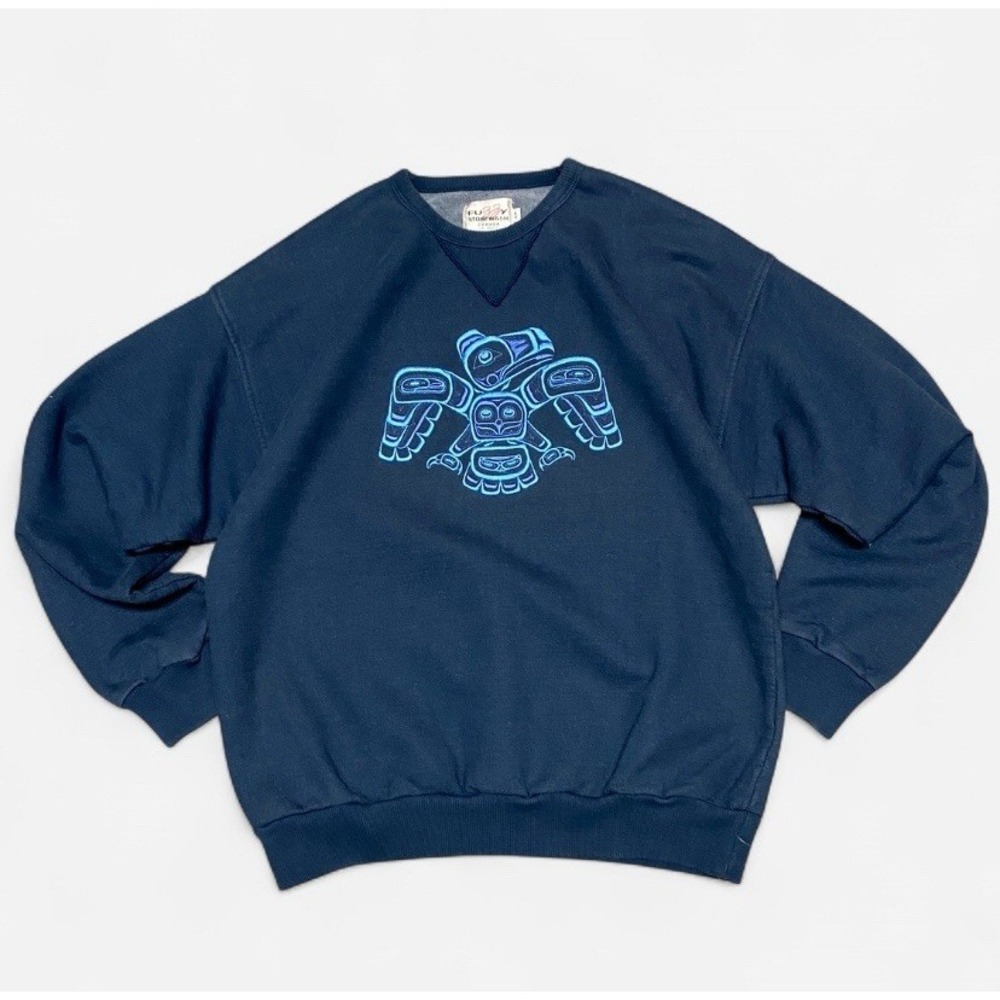Vintage fuzzy stone wash native eagle art navy crewneck sweatshirt